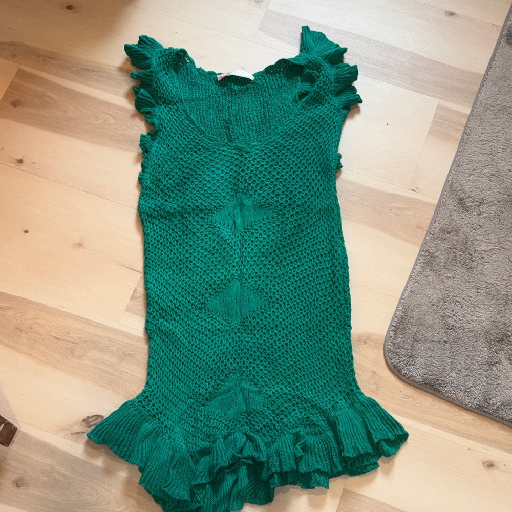 Free People Emerald Green Ruffled Knit Mini Dress